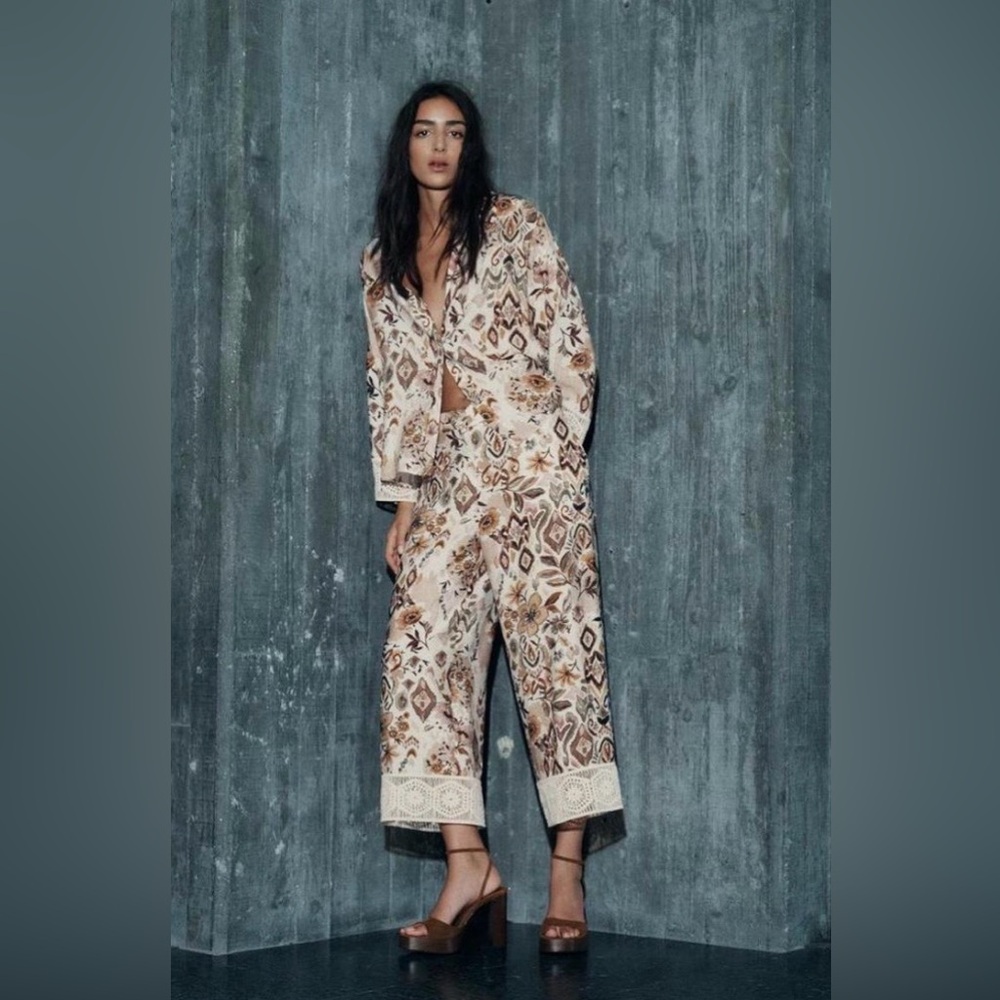 Zara Cream and Brown Printed Wide-Leg Pants